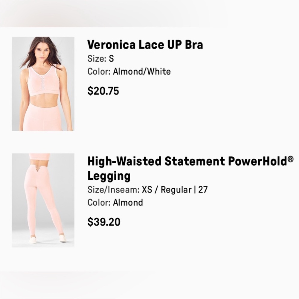 Fabletics Blush pink SET XS high waist power hold leggings sports and bra XS